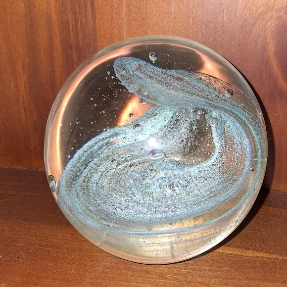 Bubble Glass Paper Weight Hand Made Blown Magic Teal Aqua Green Tinted Pearl - Picture 16 of 16